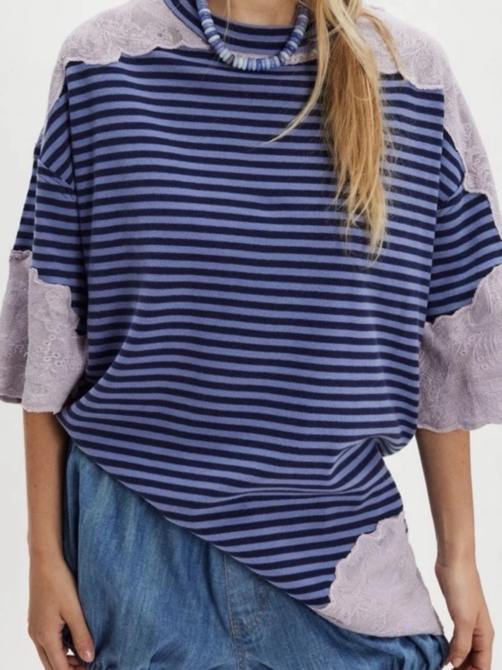 We The Free Navy & Lavender Striped Lace Accent Tee